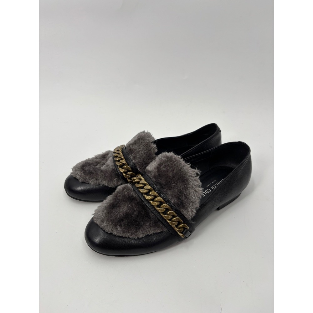 Kenneth Cole NY Black Leather Chain Fur Loafers Mules Size 7 Quiet Luxury